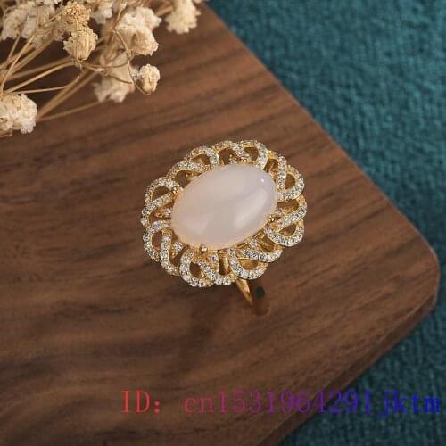 White Jade Ring Gemstone Fashion Amulet Men Women Jewelry Gifts Crystal 925 Silver Zircon Charm Chalcedony Natural
