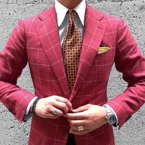 Mens Vintage Red Plaid Suits Two Buttons Men Slim Fit Suits British Notch Lapel Groomsmen Wedding Suits Tuxedos(jacket+pant)