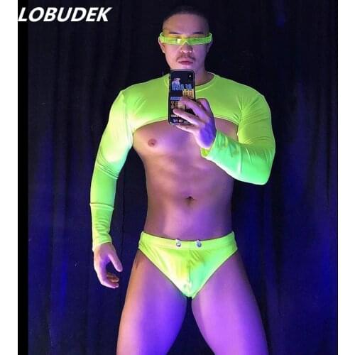 Nightclub Bar Men DJ Pole Dance Bikini Gogo Costume Fluorescence Green Tops Briefs Outfit Party Rave Show Performance Stage Wear