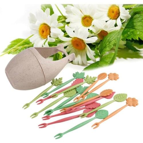 16PCs Biodegradable Wheat Straw Leaves Fruit Fork Set Party Cake Salad Vegetable Forks Picks Table Decoration Tools 100gA