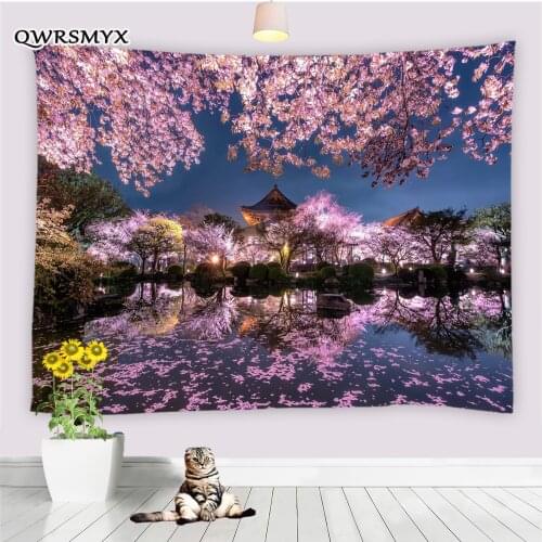 Night Scene By The River Tapestry Wall Hanging Pink Cherry Tree Lighting Printing Living Room Bedroom Decor Wall Art Tapestries