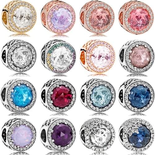 NEW 100% Real 925 Sterling Silver Round Multicolor Charms Beads Clear CZ Fit Brand Bracelet Original Jewelry Set Gift