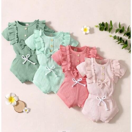 Baby Solid Color Clothes SetS Toddler Kids Girls Short Sleeve O-neck Romper with Ruffles + Drawstring Short Pants