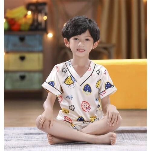 Wholesale Clothing Summer Kids Pajamas Set V-neck Boys Nightwear Suit Cartoon Printed Girls Cute Pijama Loungewear Satin Suit