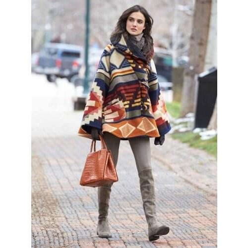 New Printed Hooded Coat Coat Womens Long-Sleeved Single-Breasted Geometric Pattern Fashion Trendy Big Hem Woolen Coat Spring