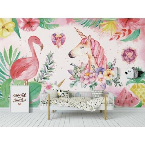 Custom High-quality pink wallpaper 3D nordic flamingo unicorn children room decoration wall papel de parede 3d wallpaper mural
