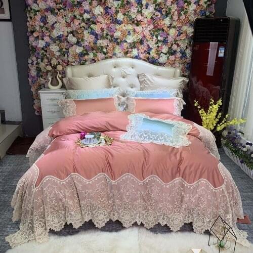 Luxury Pink 80S Solid Egyptian cotton Embroidered Bedding sets Queen King Lace Edge Duvet cover Princess Bed sheet set 4pc