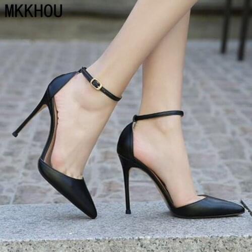 MKKHOU Fashion Sandals Women New Summer Shoes Pointed Hollow Ankle Buckle Stiletto 12cm Temperament Black High Heels Large Size