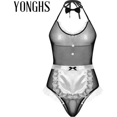 Sexy Erotic Maid Sex Cosplay Costume Lace Trim Bodysuit with Apron Bow Tie Mesh Lingerie Suit Sexy Role Play Outfit Underwear