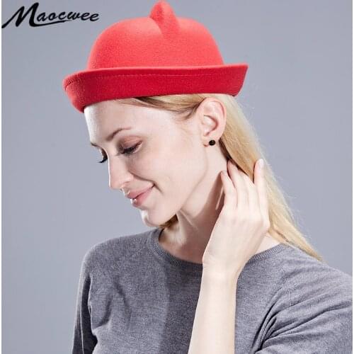 Girl Lovely Cat Ear Pink Fedoras Vintage Casual Fedora Hats Felt Hats Women Black Trilby Cap Autumn Winter New Pillbox Hat