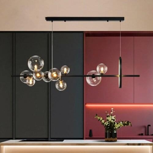 Black LED Chandelier Clear Glass Ball Modern Long Pendant Lamp For Dining Room Bar Restaurant Coffee Shop Office Hanging Light