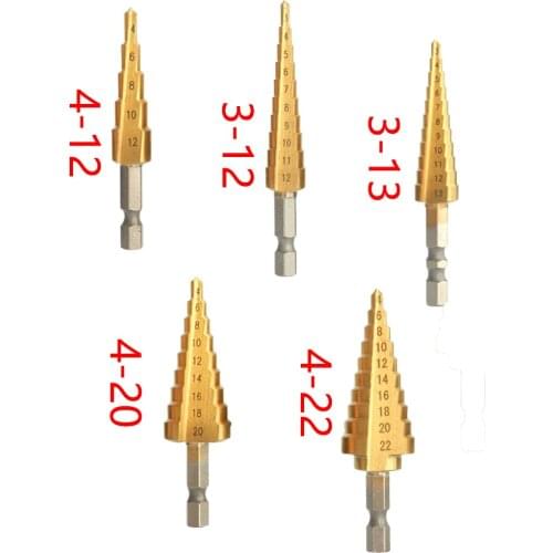 1PCS 3-13 4-12/20/22mm Titanium Coated Pagoda Shape Step Drill Bit Triangle Shank Hole Drill Cone Drill Bit Step Drill