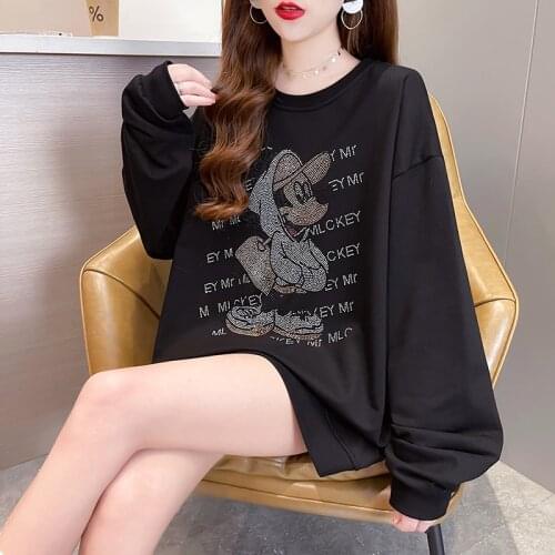 Oversize Mickey Mouse Sweatshirts with Diamond Brand Woman Cotton Hoodie Casual Autumn Rhinestone Sweatshirts Femme Top Disney