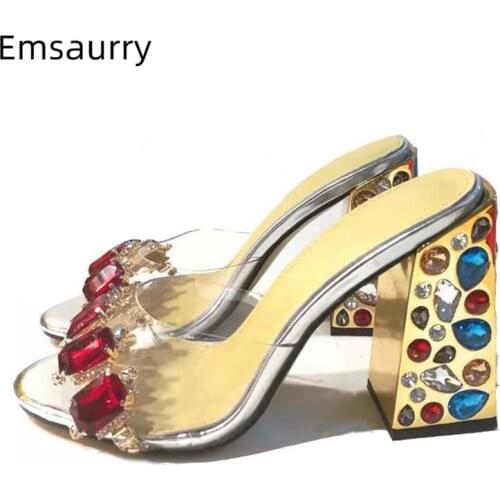 Jeweled Diamond Transparent PVC Party Shoes Woman Colorful Crystal Rhinestone Square Heel Open Toe Outwear Sandals Women