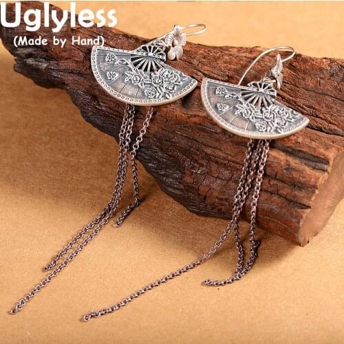 Uglyless Mysterious Eastern Charming Multi Chains Tassel Earrings for Women Hollow Fan 925 Silver Earrings Exotic Jasper Brincos