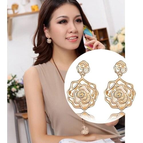 Vintage Rose Flower Earrings For Women Classic Gold Color Crystal Long Earring Brincos Fashion Punk Style Fine Jewelry