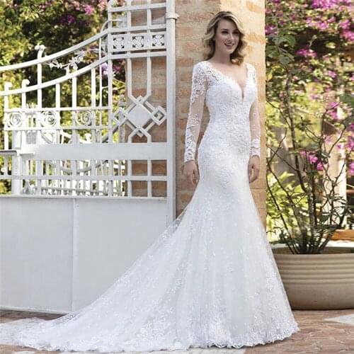 WUZHIYI Elegant Mermaid Wedding Dress Boho Long Sleeves Lace Appliques V Neck Beaded Bridal Dresses Robe De Marriage Bride Gowns