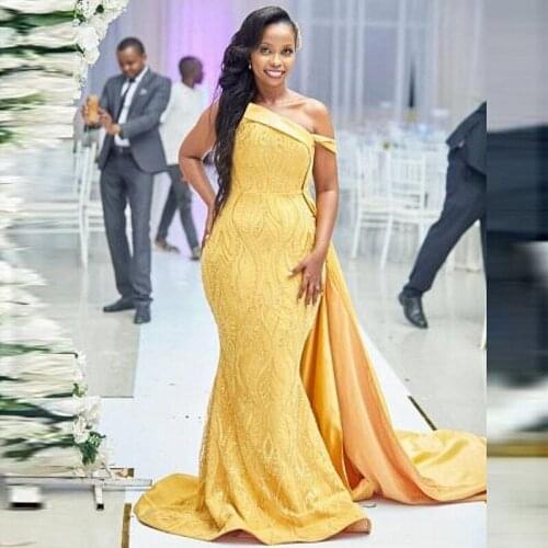 Gold One Shoulder Mermaid Evening Dresses With Train Satin And Lace Plus Size Prom Dress 2021 For Black Girls فساتين السهرة