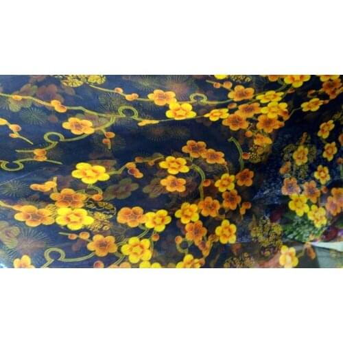 Natural 100% mulberry silk chiffon fabric yellow flowers print dress cloth decoration scarf satin ribbon tissu Japan silk fabric