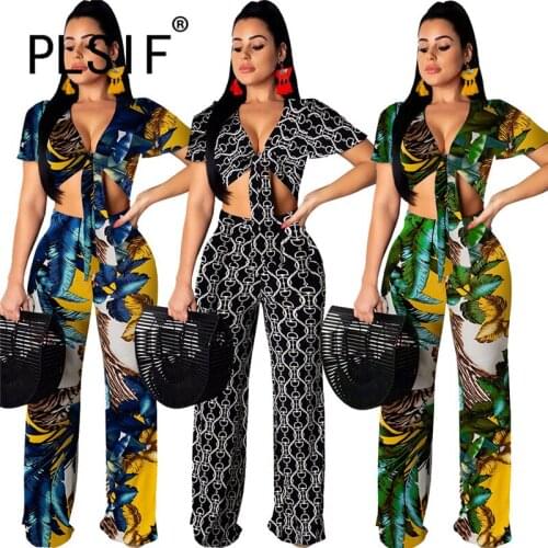 2021 Fashion V Neck Crop Top And Long Pant Set Summer Print Beach Two Pieces Outfits Clothes Set