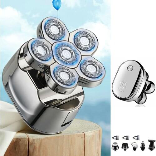 6-in-1 Electric Beard Shaver Professional Smooth Skull Nose Ear Hair Trimmer 6 Removable Heads Facial Cleaning