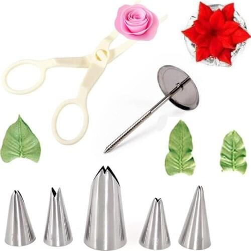 7Pcs/set Flower Scissor+Cake Tray +5pcs Flower Leaves Nozzle Tips Nail Decor Lifter Fondant Cream Transfer Baking Pastry Kitchen