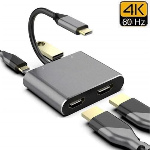 4 in 1 USB C to Dual HDMI Adapter,USB 3.1 Type C to HDMI Dual Screen Display Video Converter PD USB 3.0 HUB 4K For MacBook iMac