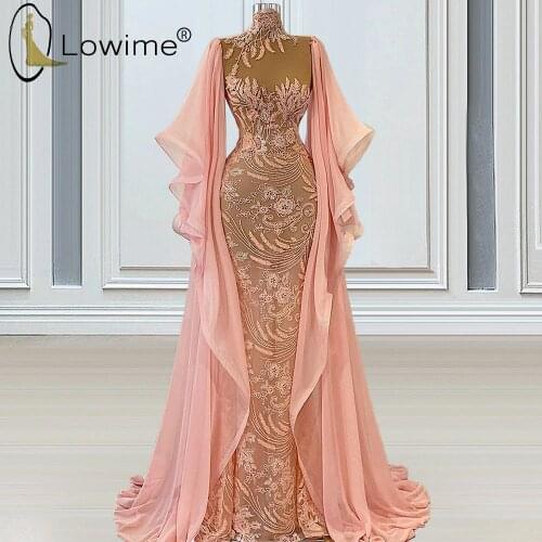 Arabic Pink Long Robes Mermaid Evening Dresses 2021 High Neck Sexy Illusion Party Prom Gowns Saudi Arabia Formal Women Wear