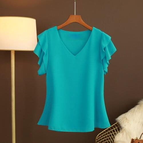Oversized 5XL 5XL Chiffon Women T-Shirts Summer New 2021 Flare Sleeved Solid Slim Elegant Office Lady Pulls Tops Tees