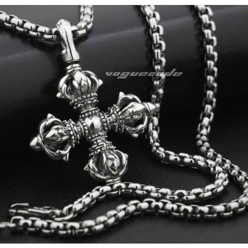 Large Tibet Tibetan Vajra Dorje 925 Sterling Silver Mens Biker Rock Punk Pendant 9F002 with Steel Necklace 26"