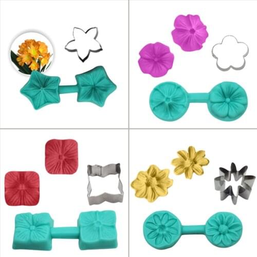 Flower Blossom Sugar Art Mold 4 Styles Flower Petal Veiner Silicone Molds With Stainless Steel Cutter Cake Fondant Mold Set