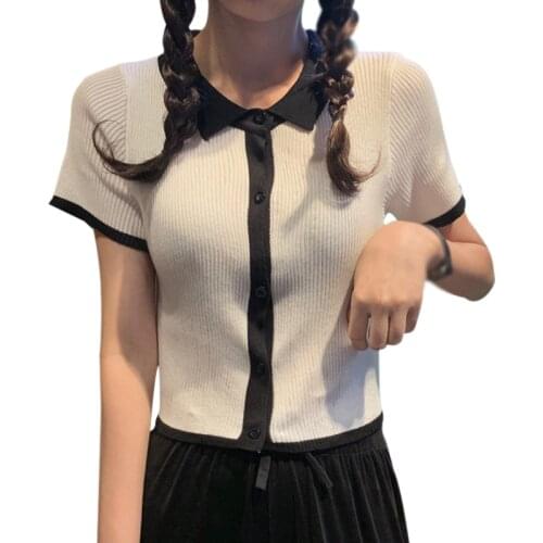 Short-sleeved Knitting Open Tshirt Women Summer Short Color Matching Tee Shirt Tops