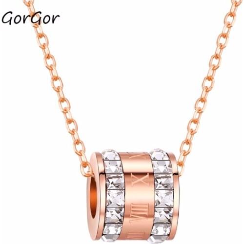 GorGor Exquise Light Luxury Rhinestone Double Row Flash mosaic zircon Digital Rose Gold Plated Titanium Pendant Necklace 1435