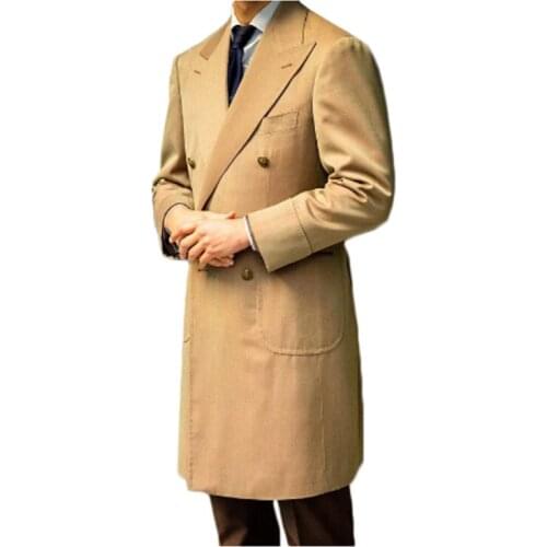 Winter Mens Polyester Mid-Length Coat England Style Solid V-Neck Stright Double Breasted Jacket