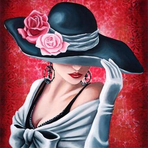 Pretty Lady In Hat Printed Water-Soluble Canvas 11CT Cross Stitch Complete Kit DIY Embroidery DMC Threads Sales