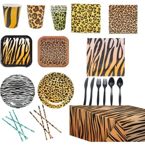 Leopard Print Theme Disposable Tableware Set Paper Cups Plates Napkins Straw Tablecloth Animal Stripe Party Decorations Supplies