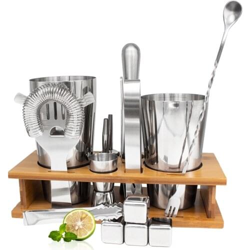 800/600ML Shaker Set Stainless Steel Cocktail Barware Kit Bartender Boston Mixing Cup with Wooden Base 11/15pcs Bar Wine Mixer