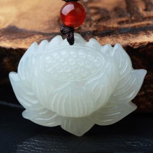 Natura White Jade Hand carving lotus Jade Pendant Jewelry Lucky Exorcise evil spirits Safety Amulet Jade Pendant Fine Jewelry
