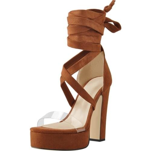 Onlymaker Women Criss Cross Platform Sandals Buckle Clear PVC Open Toe Block Chunk High Heels Suede Wrap Shoes Large Size US5-15