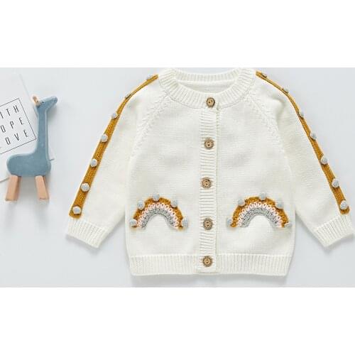 Autumn Knitted Wool Baby Cardigan Pompom Kids Girls Coats Rainbow Clothes Infant Girls Long Sleeve Toddler Baby Sweater Cotton