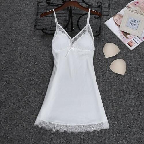 Sexy Sleepwear Women Nightdress Satin Spaghetti Strap Nightgown Intimate Lingerie Lace Sleep Dress Home Dressing Gown With Pads