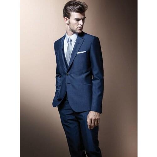 Slim Fits Peak Lapel Mens Work Busienss Suits Customize Navy Blue Groom Tuxedos Prom Party Dress (Jacket+Pants+Vest) NO:063