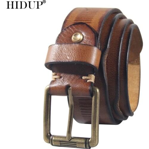 HIDUP Top Quality Solid Striped Line Cowhide Leather Belt Brass Pin Buckle Metal Belts for Men Styles Jeans Accessories NWJ1010