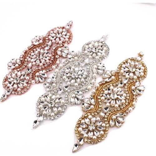 Silver gold beaded patch iron on sew on bridal crystal rhinestone applique for wedding dresses accessory