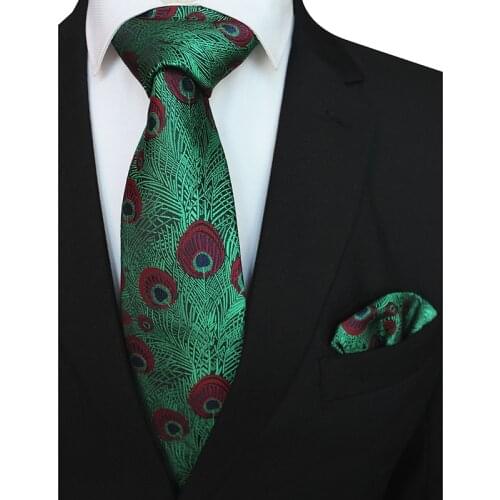 GUSLESON New product Peacock Feather 8cm Silk Tie Hanky Set for Men Fashionable Wedding Party Business Formal Lot Gifts