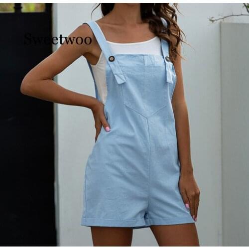 Street Fashion Casual Solid Color Ladies Jumpsuit 2020 Summer Pocket Straight Two-hole Adjustable Casual Strap Jumpsuit Shorts