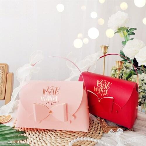 StoBag 5pcs Best Wishes Handle Bow Gift Bag Snack Candy Chocolate Packaging Decoration For Wedding Birthday Party Child Favor