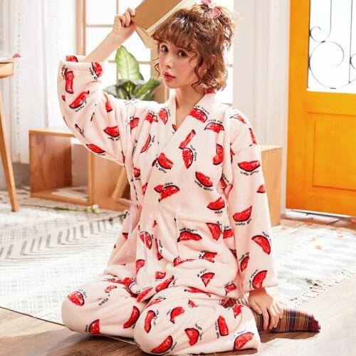 Women winter thick coral fleece pajamas gown bathrobe kimono long sleeve trousers flannel cute women pajama sets women pajamas