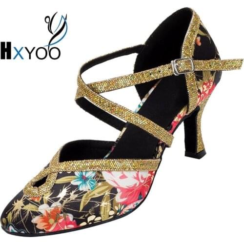 HXYOO Ballroom Dance Shoes Women Satin Soft Sole Flower With Black High heel 7.5cm Closed Toe Salsa Shoes Latin WK002