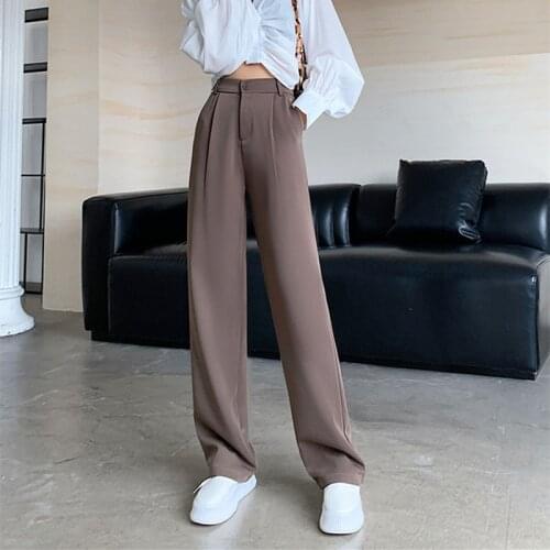 High Waist Straight Suits Pants For Women Soft Autumn Solid Pockets Loose Wide Leg Trousers Female Mujer Pantalones P195